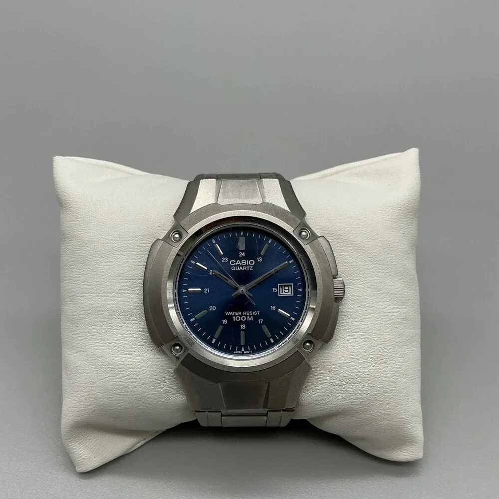 Casio MTP-3036 Mens Watch 42mm Silver Tone Blue Dial 100M Date New Battery 5.75